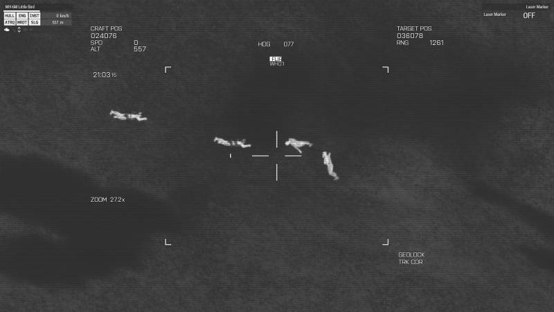 MH-6 Observer performs a battle damage assessment using thermal imaging